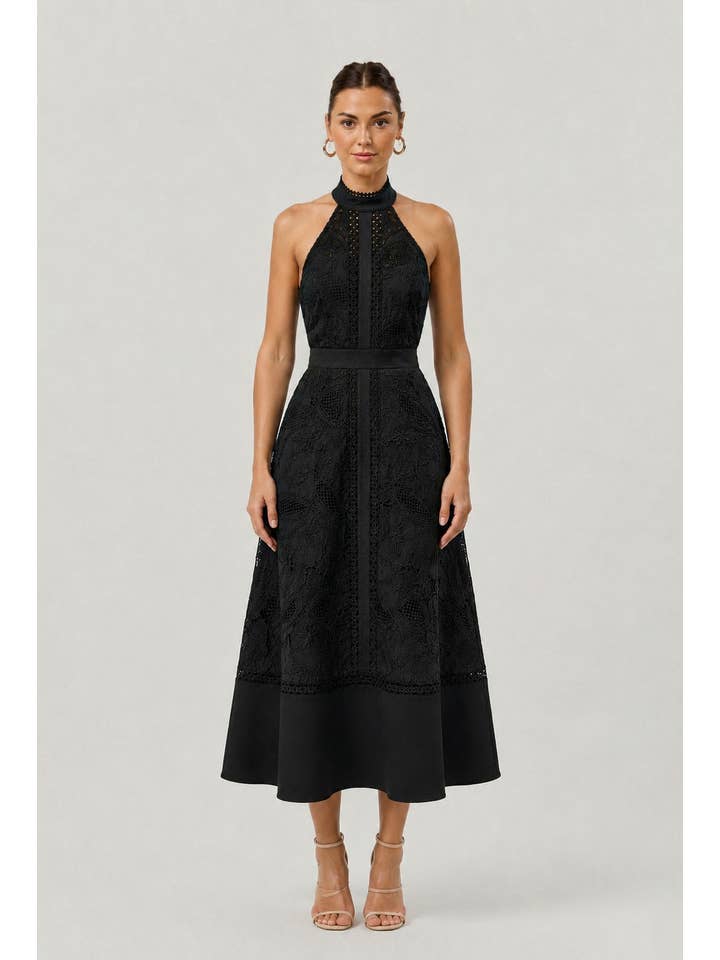 Midnight Halter Lace Midi Dress - Black