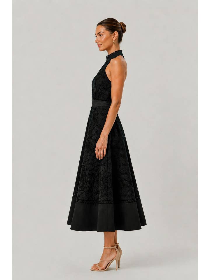 Midnight Halter Lace Midi Dress - Black