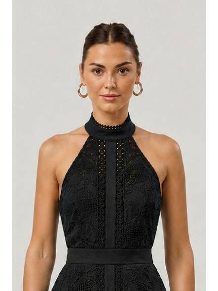 Midnight Halter Lace Midi Dress - Black