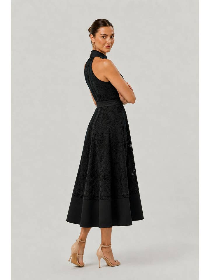 Midnight Halter Lace Midi Dress - Black