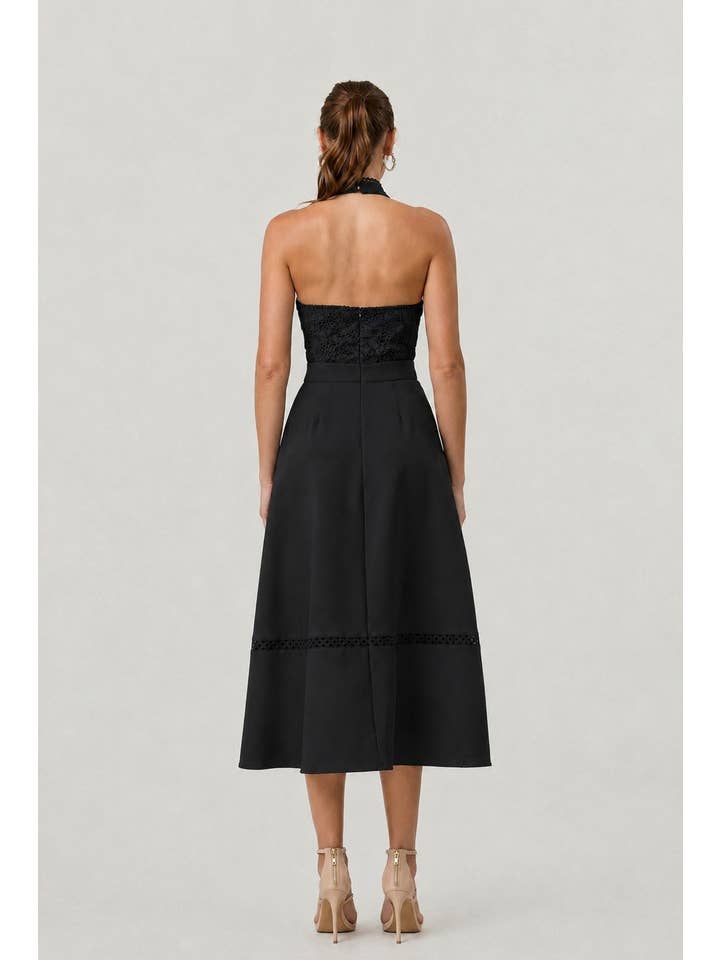 Midnight Halter Lace Midi Dress - Black