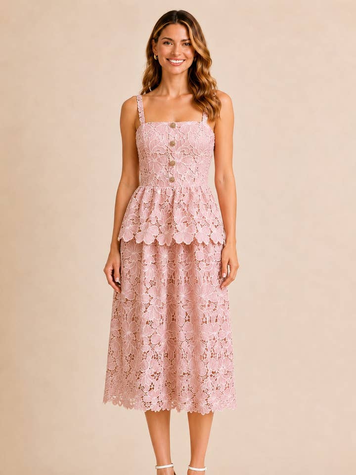 Floral Embroidered Peplum Midi Dress - Pink