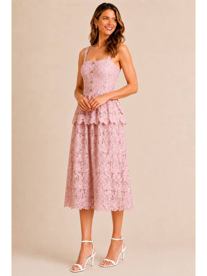 Floral Embroidered Peplum Midi Dress - Pink