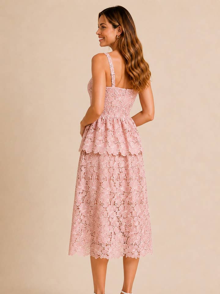 Floral Embroidered Peplum Midi Dress - Pink
