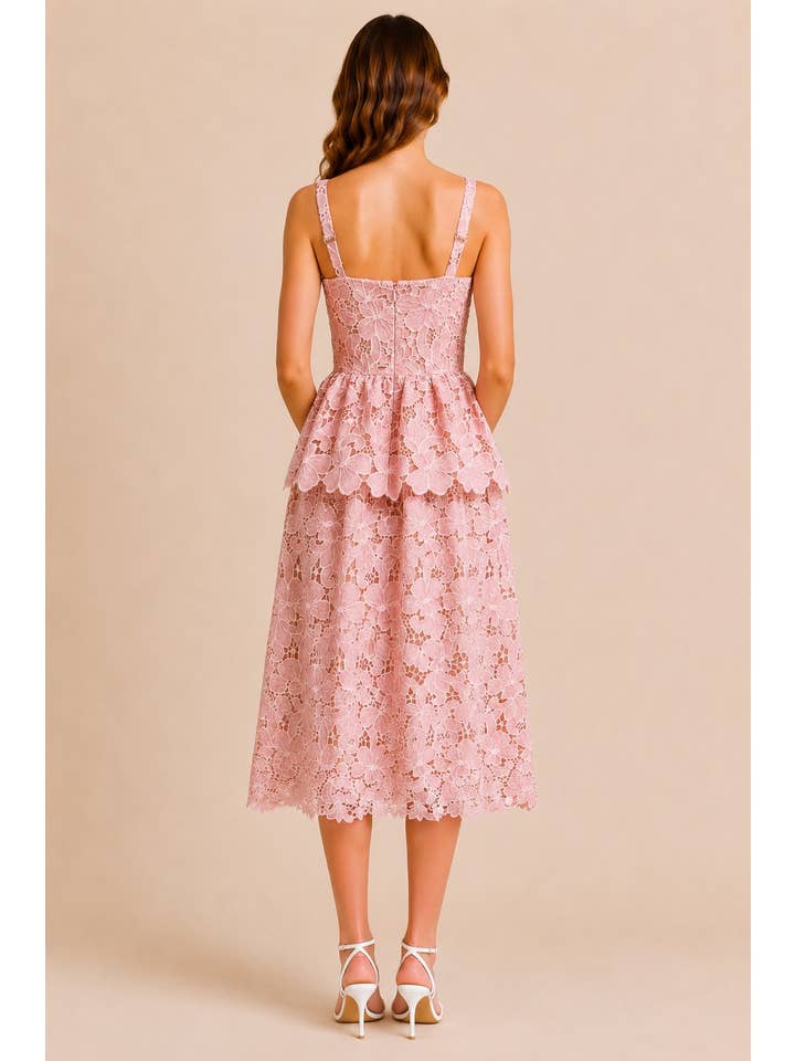Floral Embroidered Peplum Midi Dress - Pink