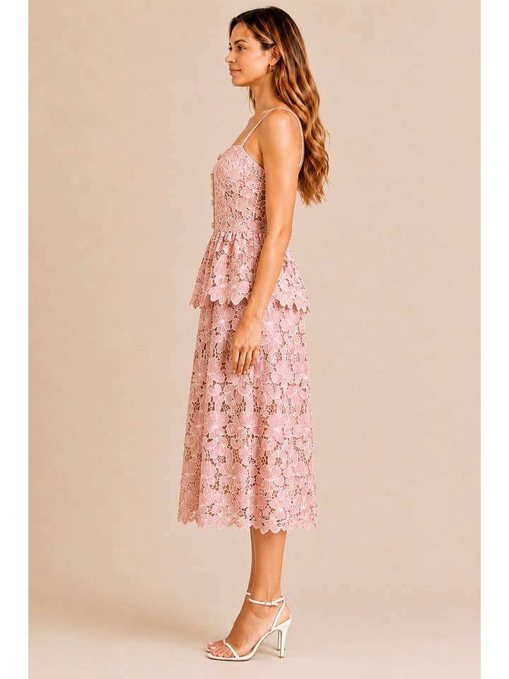 Floral Embroidered Peplum Midi Dress - Pink