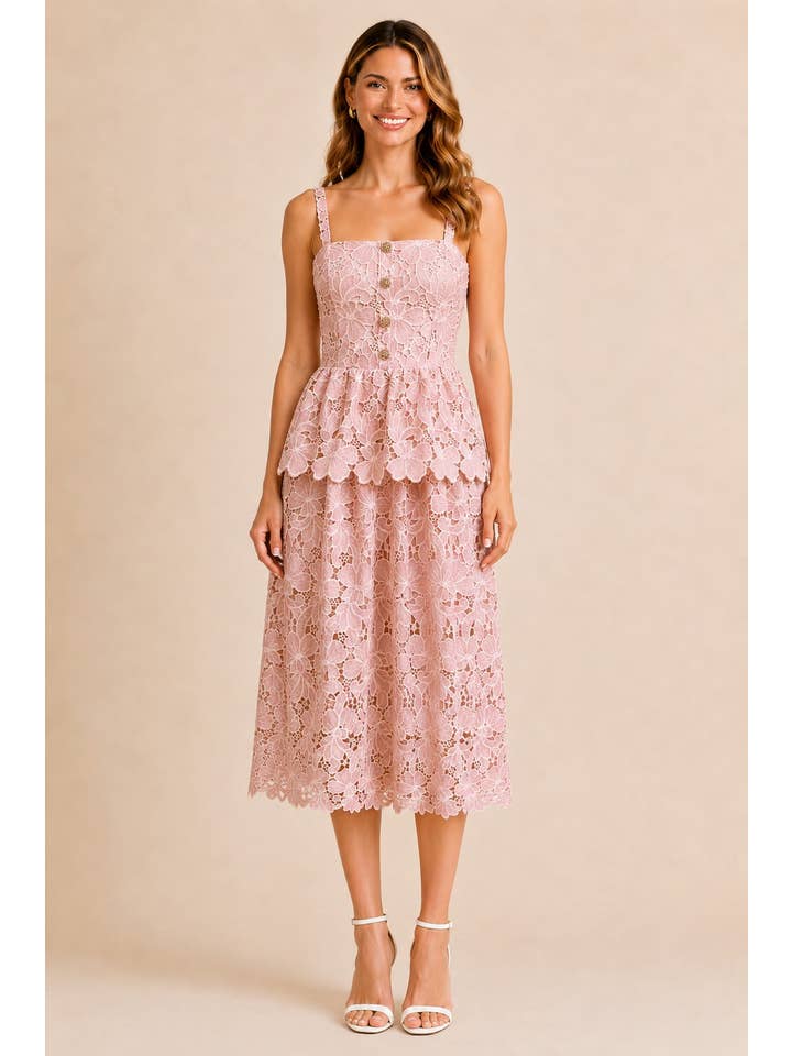 Floral Embroidered Peplum Midi Dress - Pink