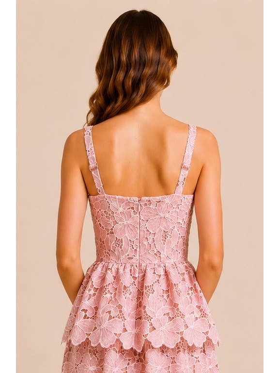 Floral Embroidered Peplum Midi Dress - Pink