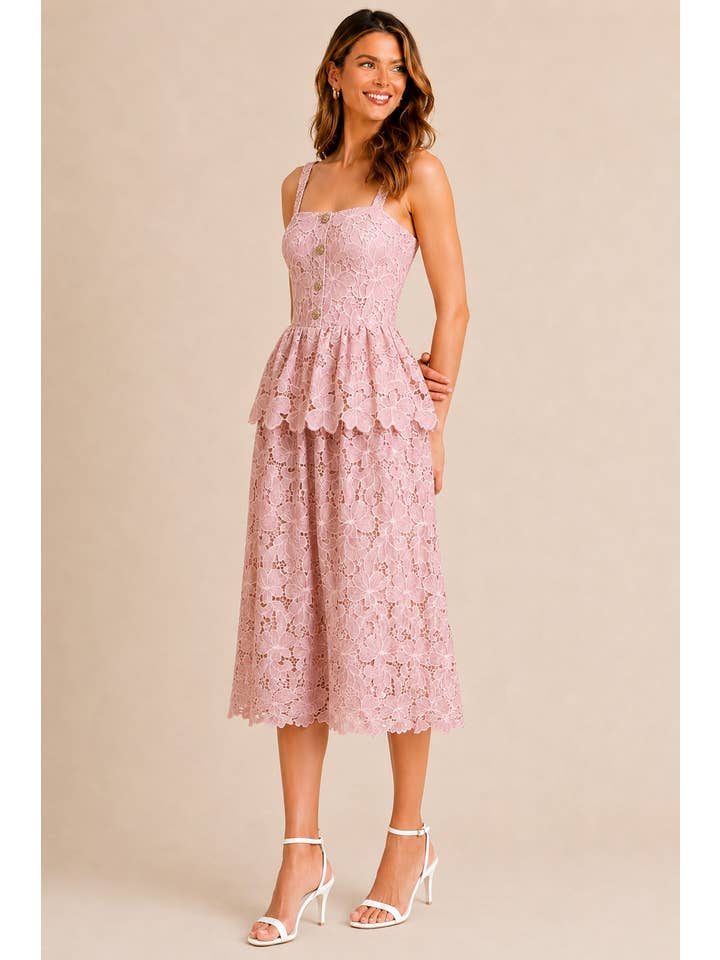 Floral Embroidered Peplum Midi Dress - Pink