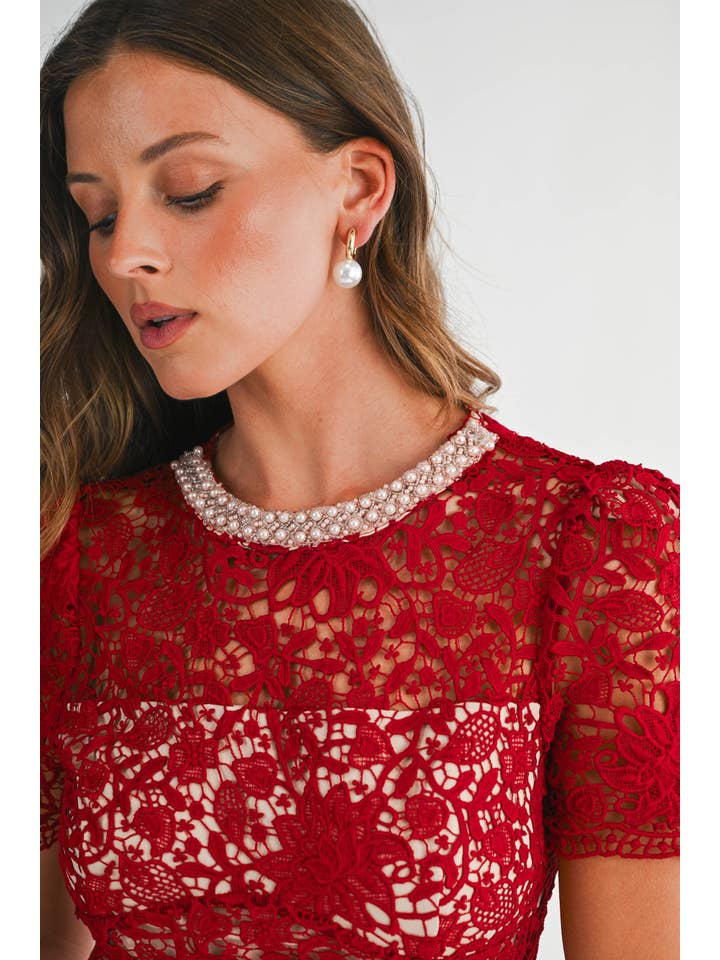 Embellished Lace Fit and Flare Mini Dress - Red