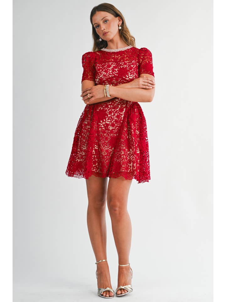 Embellished Lace Fit and Flare Mini Dress - Red