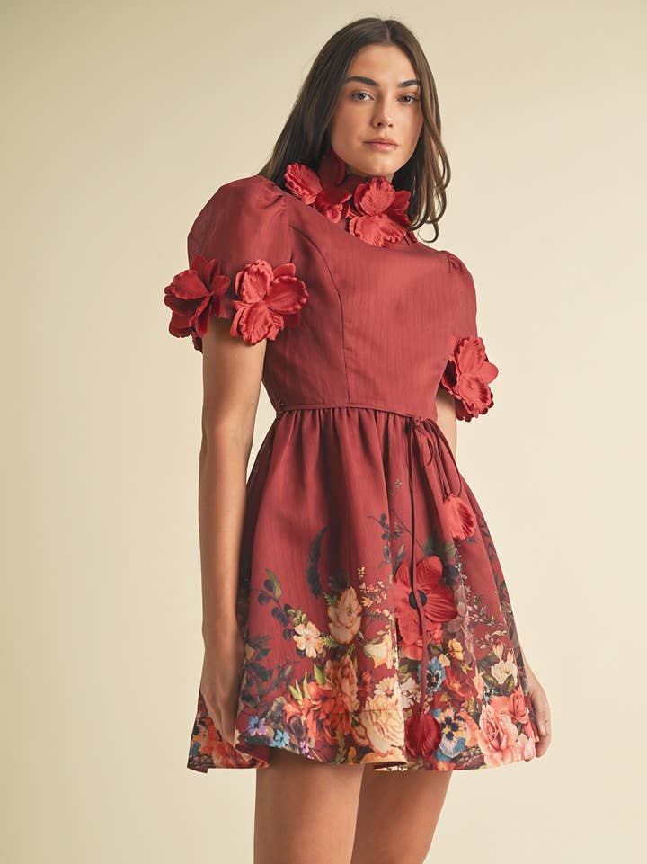 Floral High Neck Mini Dress - Burgundy