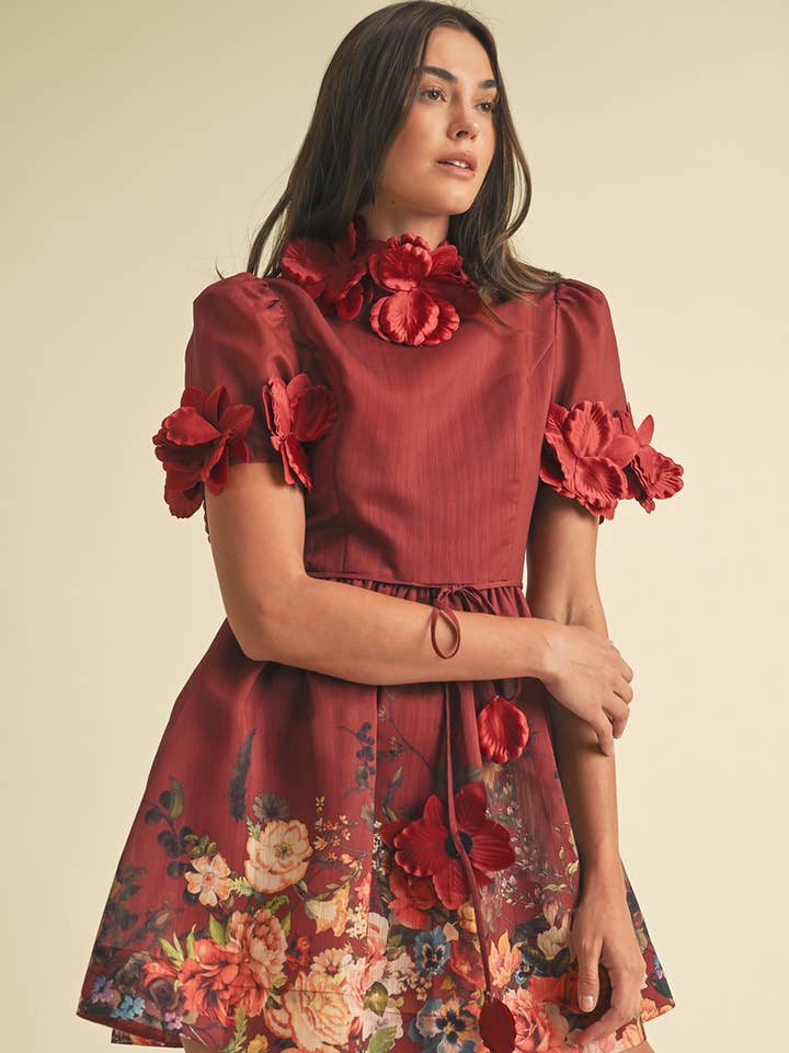 Floral High Neck Mini Dress - Burgundy
