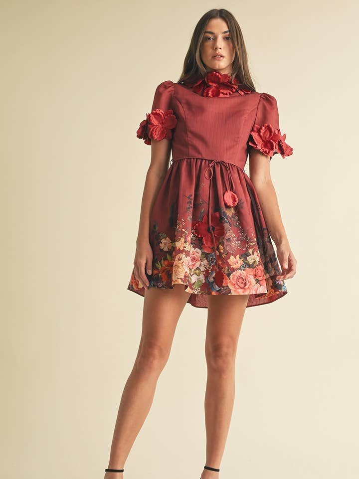 Floral High Neck Mini Dress - Burgundy