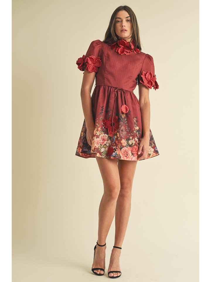 Floral High Neck Mini Dress - Burgundy