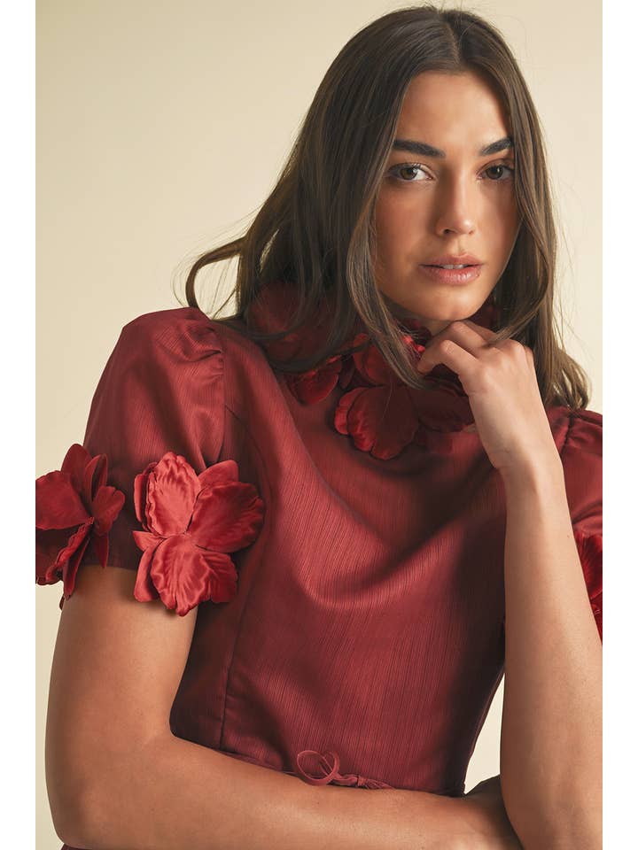 Floral High Neck Mini Dress - Burgundy