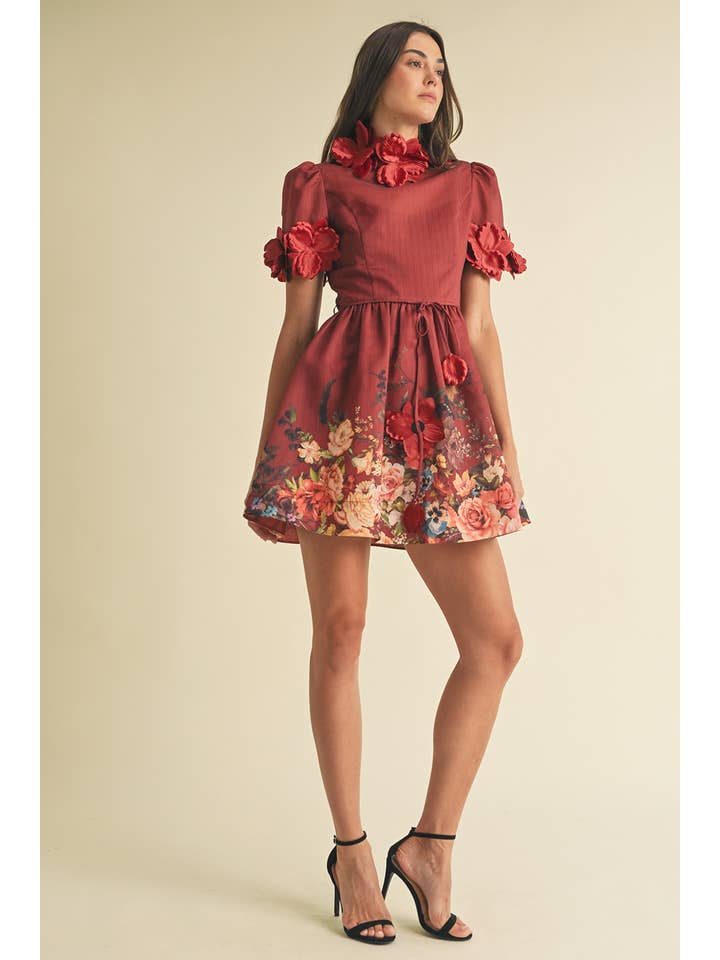 Floral High Neck Mini Dress - Burgundy