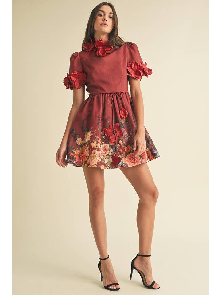 Floral High Neck Mini Dress - Burgundy