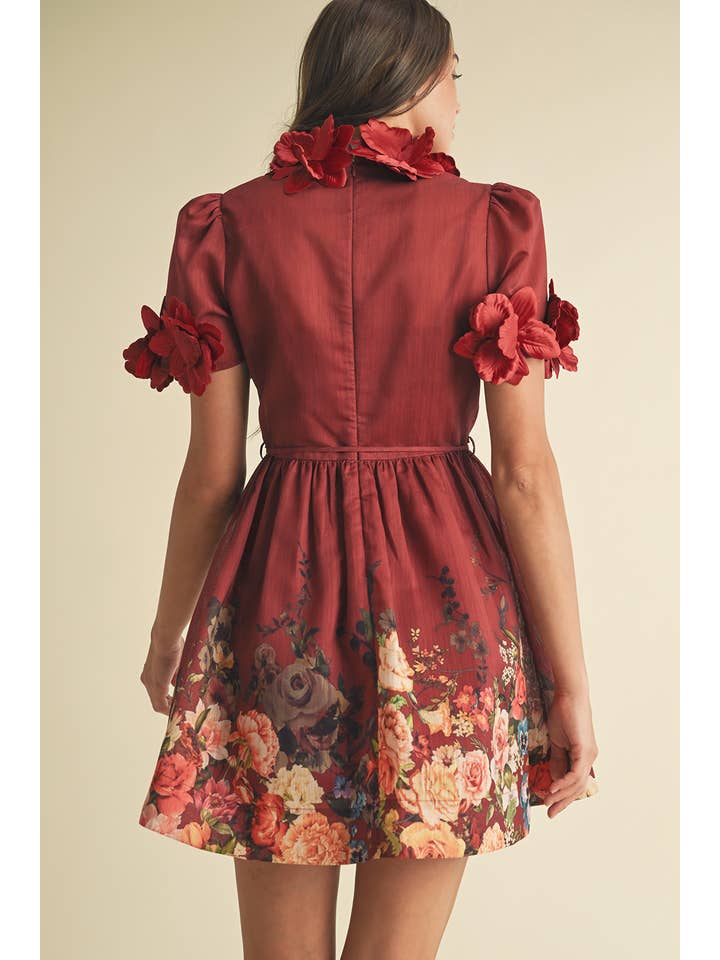 Floral High Neck Mini Dress - Burgundy