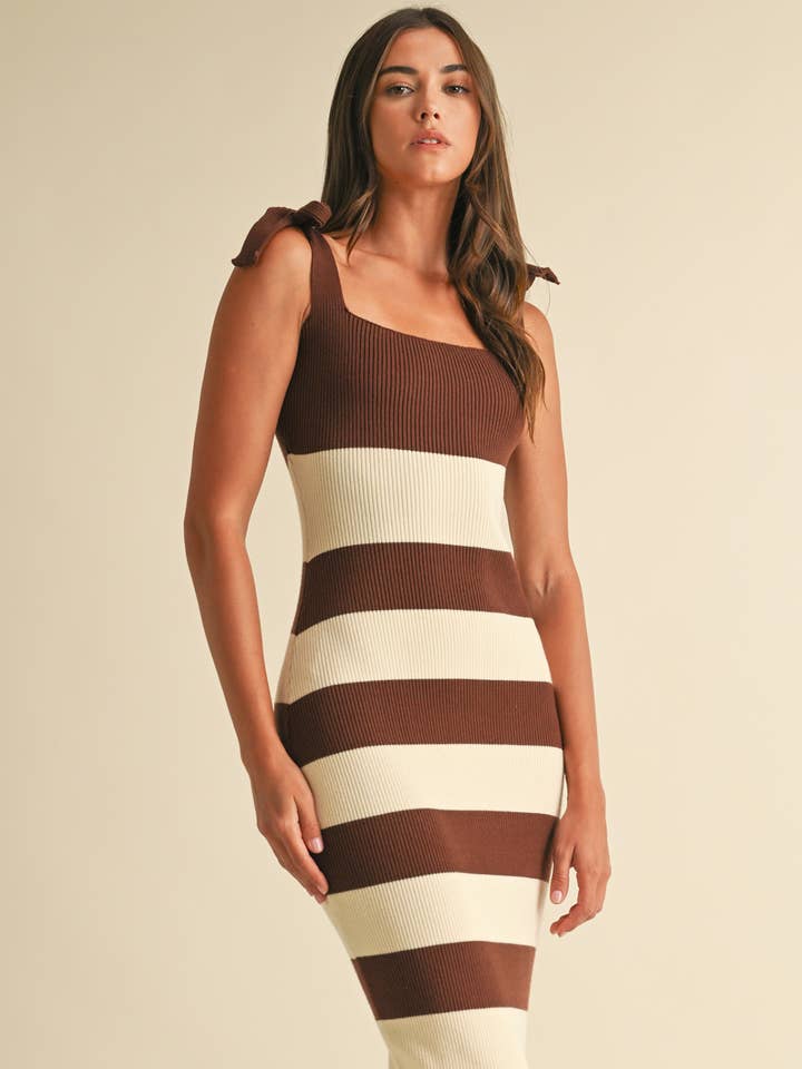 Striped Shoulder Bow Knit Midi Dress - Brown / Cream