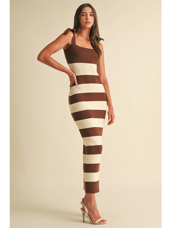 Striped Shoulder Bow Knit Midi Dress - Brown / Cream