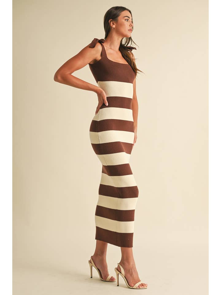 Striped Shoulder Bow Knit Midi Dress - Brown / Cream