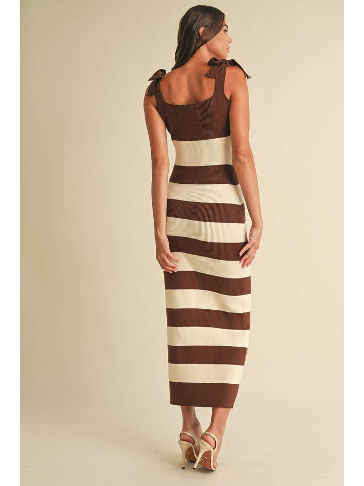 Striped Shoulder Bow Knit Midi Dress - Brown / Cream