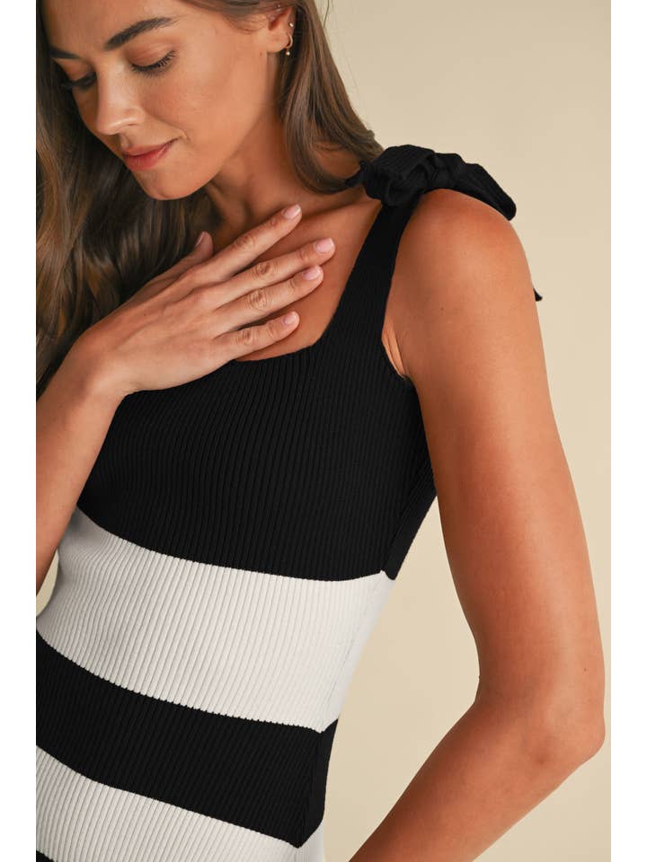 Striped Shoulder Bow Knit Midi Dress - Black / White
