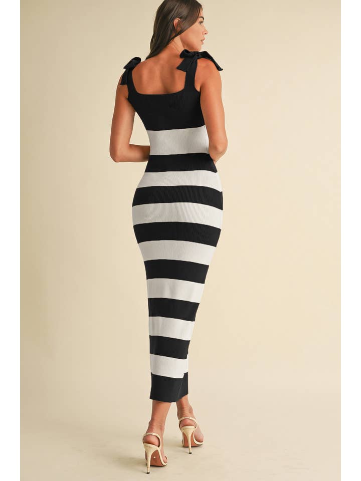 Striped Shoulder Bow Knit Midi Dress - Black / White