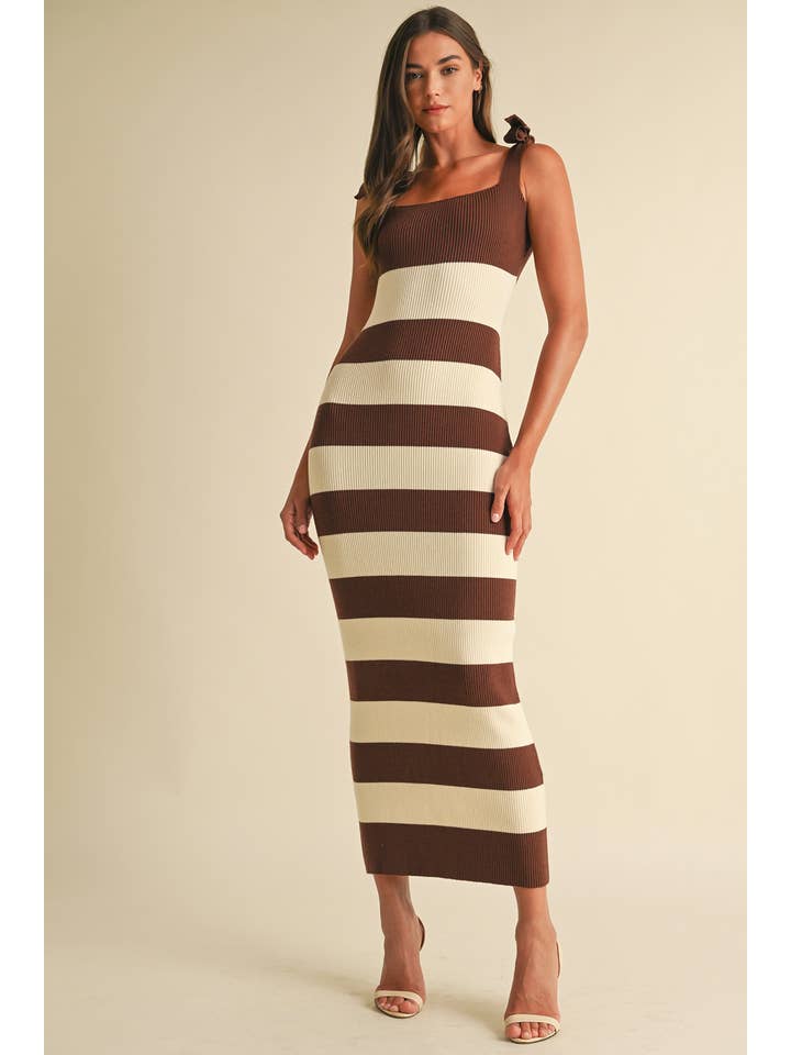 Striped Shoulder Bow Knit Midi Dress - Brown / Cream