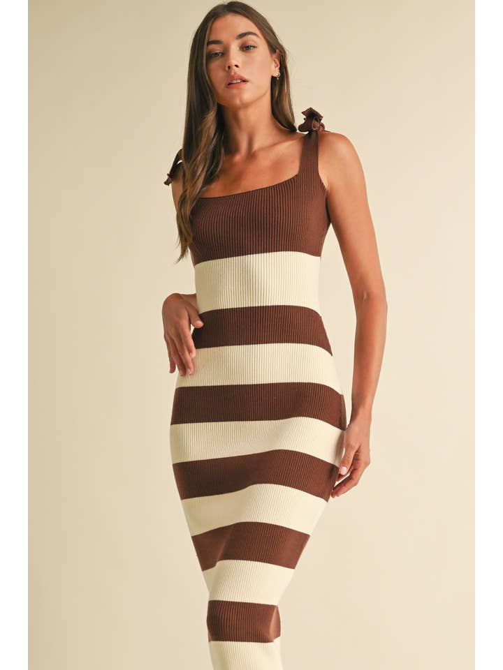 Striped Shoulder Bow Knit Midi Dress - Brown / Cream