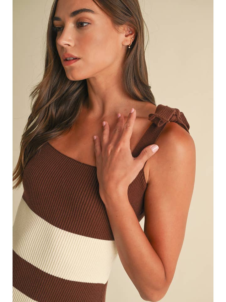 Striped Shoulder Bow Knit Midi Dress - Brown / Cream