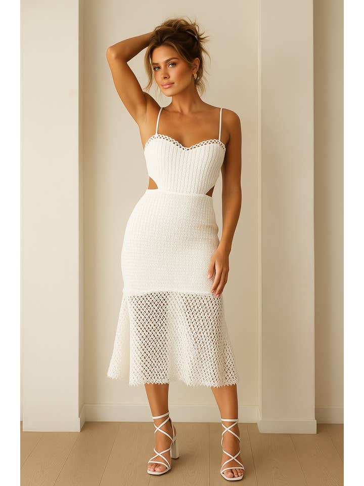 Crochet Cutout Mermaid Midi Dress - White