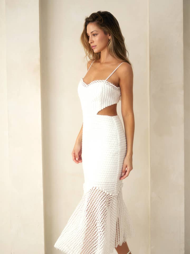 Crochet Cutout Mermaid Midi Dress - White