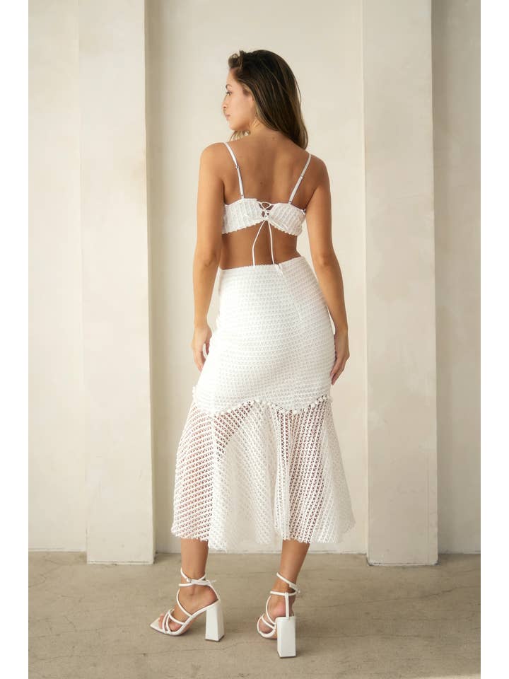 Crochet Cutout Mermaid Midi Dress - White