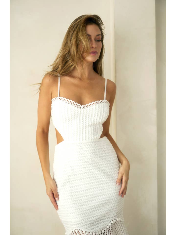 Crochet Cutout Mermaid Midi Dress - White