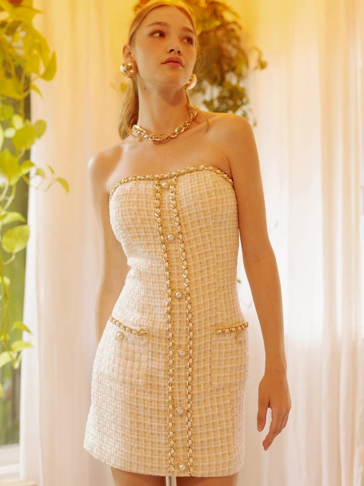 Strapless Chain Trim Tweed Mini Dress - White / Cream