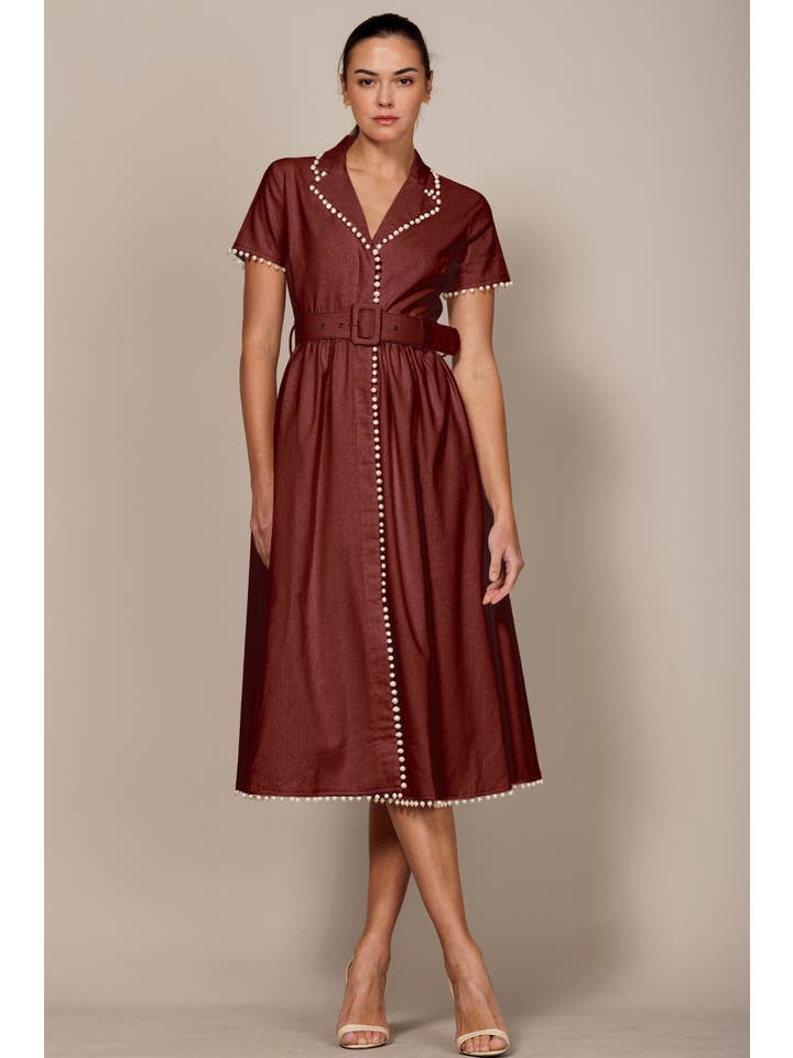 Pearl Trim Belted Midi Dress - Oxblood