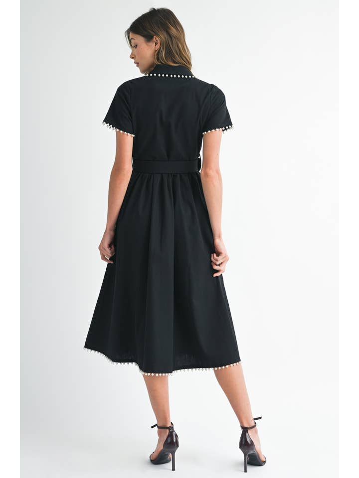 Pearl Trim Belted Midi Dress - Black