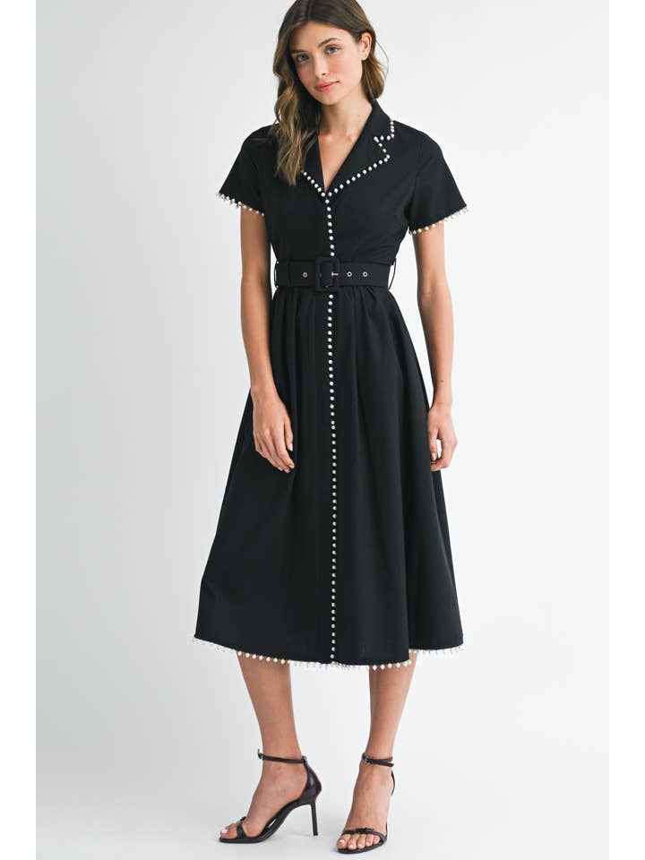 Pearl Trim Belted Midi Dress - Black