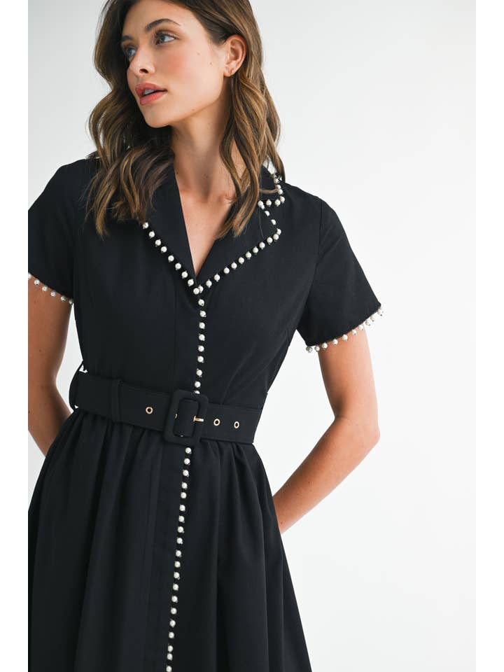 Pearl Trim Belted Midi Dress - Black