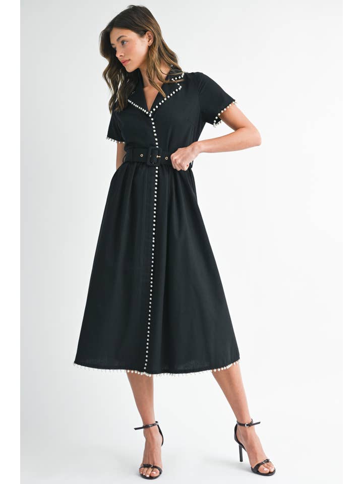 Pearl Trim Belted Midi Dress - Black