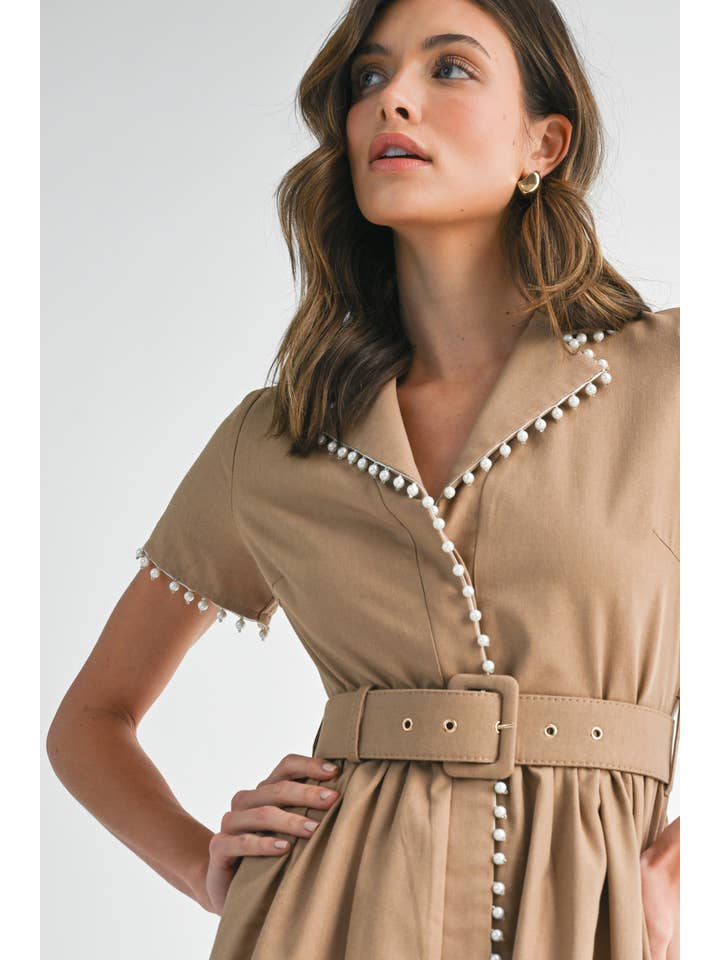 Pearl Trim Belted Midi Dress - Light Mocha