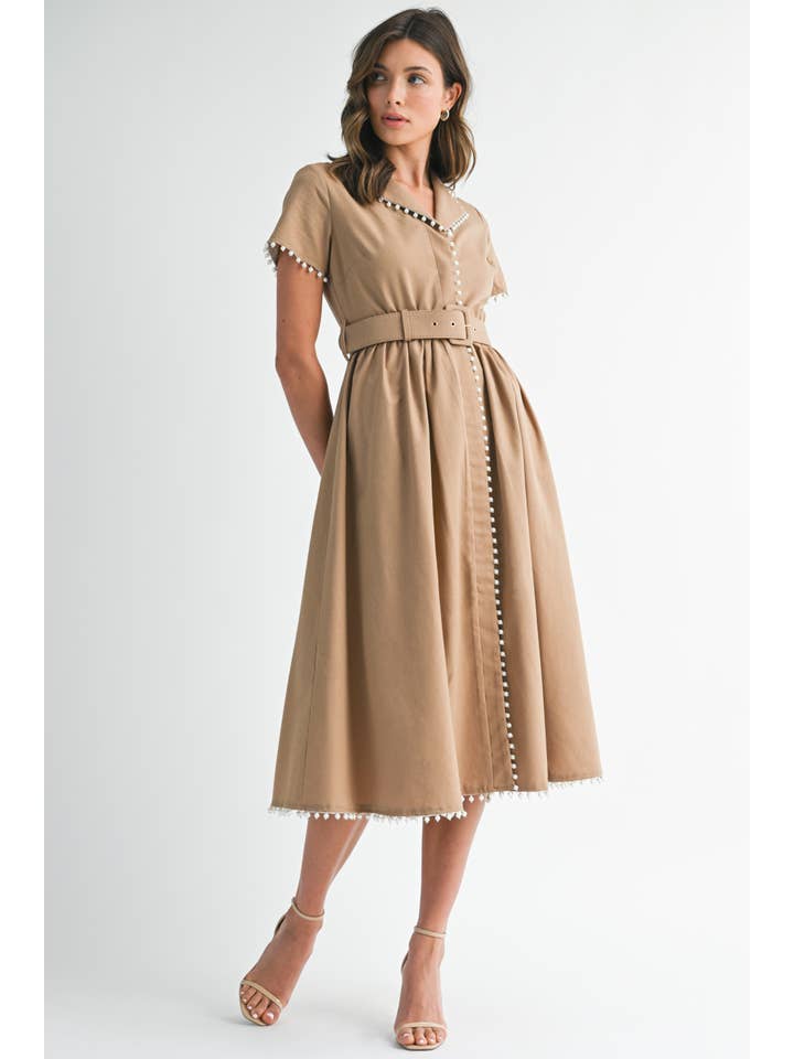 Pearl Trim Belted Midi Dress - Light Mocha