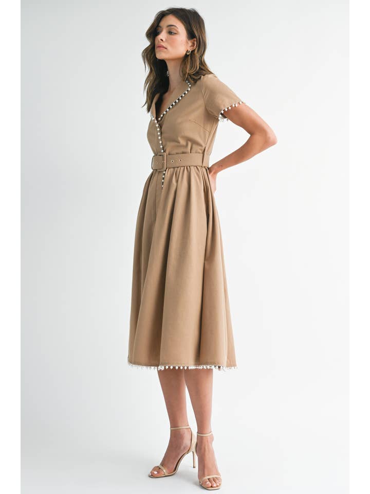 Pearl Trim Belted Midi Dress - Light Mocha