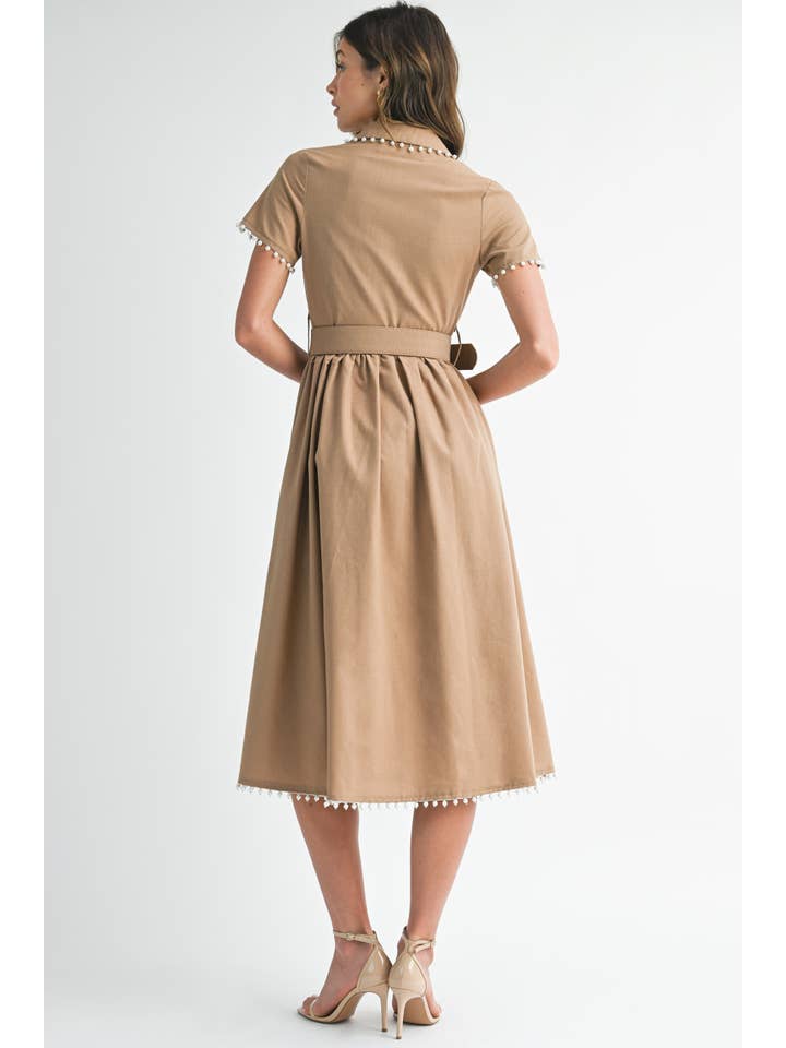 Pearl Trim Belted Midi Dress - Light Mocha