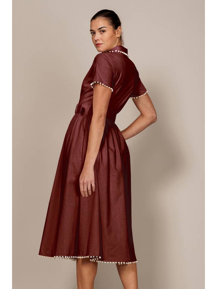 Pearl Trim Belted Midi Dress - Oxblood