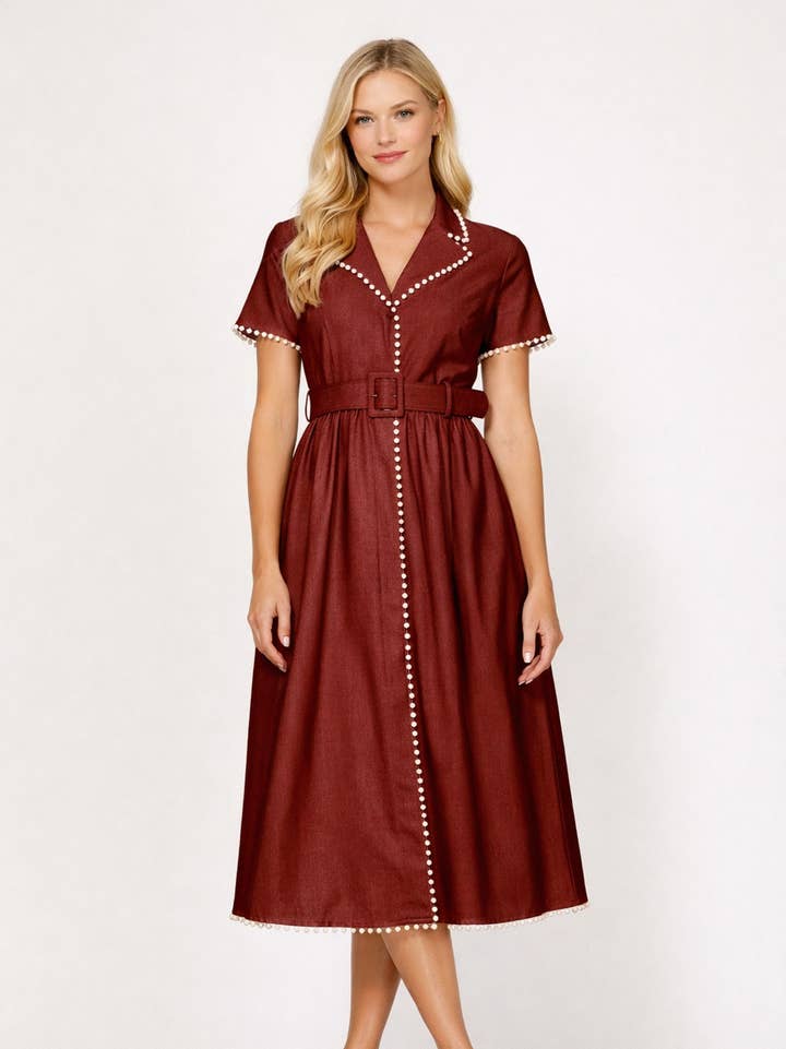Pearl Trim Belted Midi Dress - Oxblood