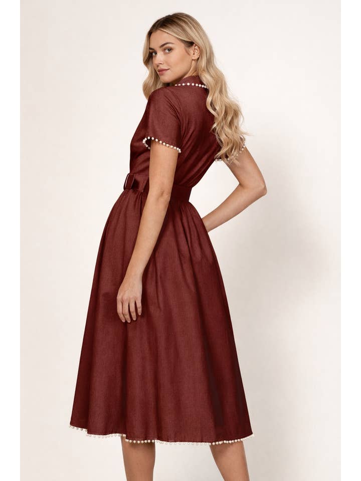 Pearl Trim Belted Midi Dress - Oxblood