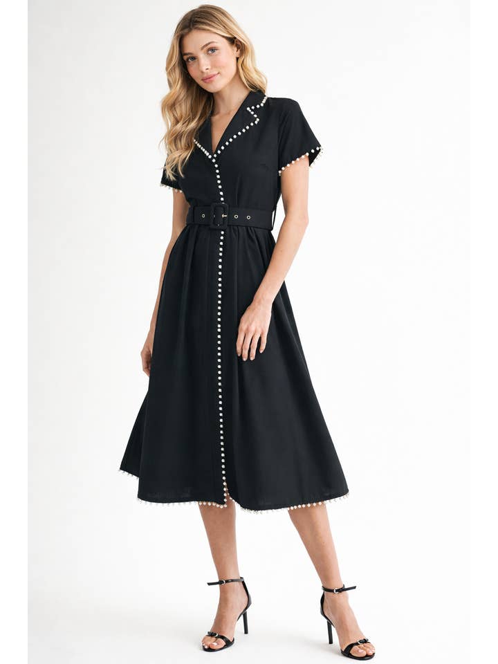 Pearl Trim Belted Midi Dress - Black